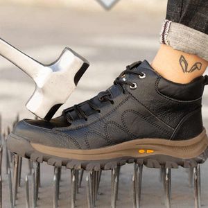 AX Fashion Lederen Veiligheidsschoenen- S3 - Hoog - Zwart - Stalen Neus - Antiperforatie en Stalen Tussenzool - Werkschoenen Leer Anti-Lek Wandelen - Maat 42 - Halfhoog - Heren - Unisex-Dames -Sneakers