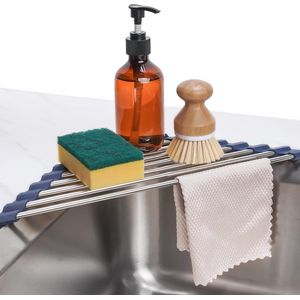 Driehoek oprolbaar droogrek voor gootsteen hoek klein opvouwbaar roestvrij staal boven de gootsteen multifunctionele keuken afdruiprek Caddy Organizer opslag ruimtebesparende plankhouder