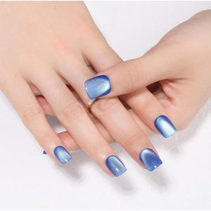 Blau Cat Eye Press on Nails - Korte Vierkante Nepnagels - IJsschaduw Kleurige Kunstnagels - 24 PCS