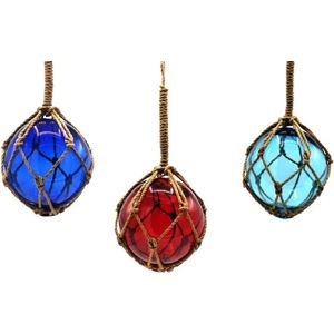 Boutique Trukado - Visnet drijver Glazen Bol Ø 12,5cm - Jute hanger - Set van 3 - Fishnet float Glass Ball Ø 12. 5cm - Set of 3