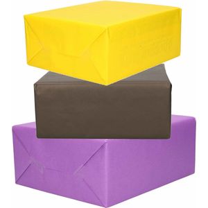 3x Rollen kraft inpakpapier geel/zwart/paars 200 x 70 cm - cadeaupapier / kadopapier / boeken kaften