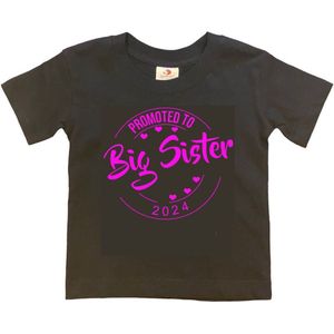 Shirt Aankondiging zwangerschap Promoted to Big Sister 2024 | korte mouw | Zwart/fluor pink | maat 86/92 zwangerschap aankondiging bekendmaking Baby big sis sister Grote Zus