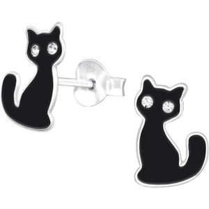 Joy|S - Zilveren kat poes oorbellen - 7 x 10 mm - zwart - kristal