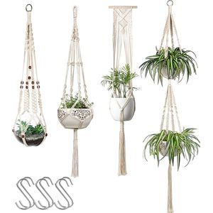4 Stuks Luxe Macrame Plantenhangers - Boho Handgeweven Katoen Hangpot voor Binnen/Buiten - Hangende Bloempot met Kralen - Macramé Touw/Koord Hangplant Houder - Bohemian Wandhanger Decoratie - Plant Hanger - Verticale Tuin Bloempothouder Planthanger
