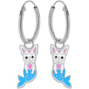 Oorbellen meisje | Zilveren kinderoorbellen | Zilveren oorringen met hanger, hond met blauwe zeemeerminstaart
