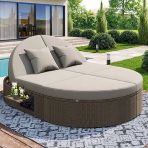 Rotan dubbele ligstoel, buitenligbed, tuinligstoel met zijplank, zonneligstoel dubbele ligstoel 2 personen opklapbare tafel, tuinrelaxstoel, rotan dubbele ligstoel, individueel verstelbare hoek buitensofa