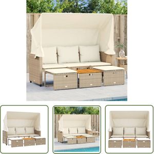 The Living Store 3-Zitsbank met Luifel en Voetenbanken - PE Rattan/ Acaciahout - Compact Opbergbaar Tuinbank - Lounge Set - Buitenset - Poly Ratan - Acacia Hout - Luifel - Voetenbank - Tuintafel