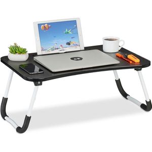 VORLOU - Inklapbare laptoptafel voor bed met tablet- en drankjeshouder - zwart/wit - 26 x 63 x 40 cm