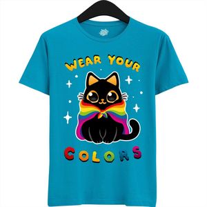 Schattige Pride Vlag Kat - Unisex T-Shirt Mannen en Vrouwen - LGBTQ+ Suporter Kleding - Gay Progress Pride Shirt - Rainbow Community - T-Shirt - Unisex - Aqua Blauw - Maat XL