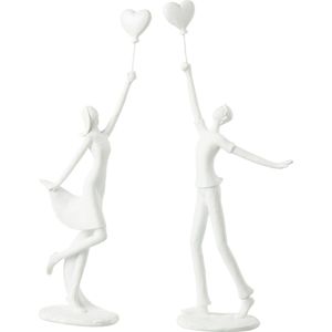 J-Line figuur Vrouw & Man Hart Ballon - polyresin - wit - 2 stuks - valentijn decoratie