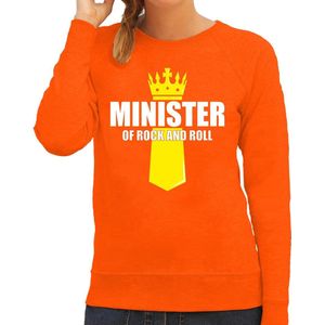 Koningsdag sweater Minister of rock N roll met kroontje oranje - dames - Kingsday outfit / kleding / trui XXL