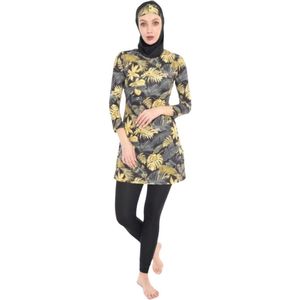 Burkini Islamitisch Zwempak- 4-delig Boerkini Hijab Badpak- Moslima Zwempak- Islamitishe Badmode- Vrouwen Badkleding Set- Zwart/Geel Bloemprint - Maat 44