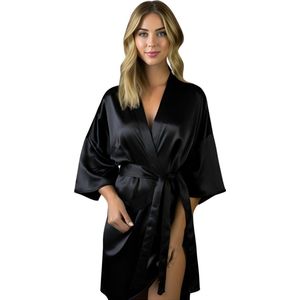 Moondrops - Kimono dames - 100% Satijn - Badjas - L/XL - Pyjama dames - Cadeau voor vrouw - Zwart