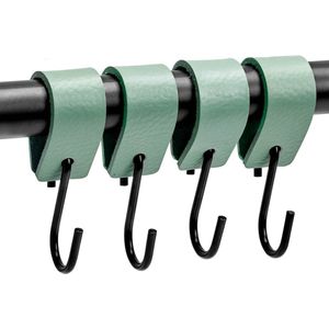 Brute Strength - Leren S-haak hangers - Vaalgroen - 4 stuks - 12,5 x 2,5 cm – Zwart zilver – Leer - handdoekhaakjes - Ophanghaken – kapstokhaak