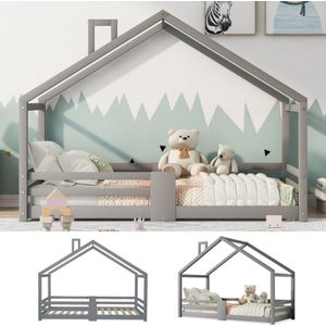 Kinderbed huisbed met schoorsteenvalbeveiliging robuuste lattenbodem grenenhouten huisbed voor kinderen, 90 x 200 cm zonder matras, grijs