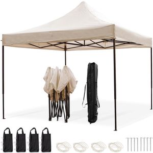 LifeGoods Partytent - Paviljoen - 3x3 m - Easy Up - Opvouwbaar - Waterdicht - Draagtas met Wieltjes - Beige