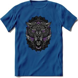 Wolf - Dieren Mandala T-Shirt | Paars | Grappig Verjaardag Zentangle Dierenkop Cadeau Shirt | Dames - Heren - Unisex | Wildlife Tshirt Kleding Kado | - Donker Blauw - S
