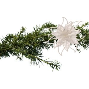 Cosy and Trendy kerstboomversiering bloem op clip - wit - 14 cm - glitters - kunststof