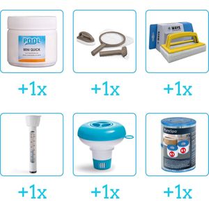 Zwembad Onderhoudsset - Startersset bevat Chloor - Scrubpad - Schepnet - Borstel - Scrubborstel en Thermometer - Chloordrijver - Filters - Spa Onderhoud Startersset - Onderhoud voor Spa - Geschikt voor alle type Spa's (6-delig)