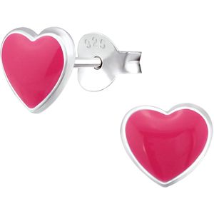Joy|S - Zilveren hartje oorbellen - 7 mm - (donker) roze / rood
