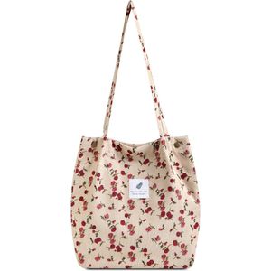 Schoudertas voor dames - corduroy schoudertas dames handtas, shopper dames hengseltas voor kantoor school winkelen reizen, Beige Rose #1, crossbody