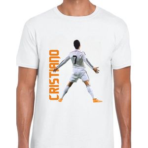 CR7 Uniseks T-Shirt - wit text oranje - Maat XL - Korte mouwen - Ronde hals - Normale pasvorm - Cristiano ronaldo - Voetbal - Voor mannen & vrouwen - Kado - Veldman prints & packaging
