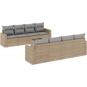The Living Store 9-delige Loungeset met kussens poly rattan beige - Tuin Lounge Set - Loungebank - Buitenkamer - Buitendining - Garden Furniture