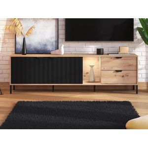 Tv-meubel, 2 deuren, 2 lades en 1 nis met ledverlichting - Naturel en zwart - MEVIELA L 182.6 cm x H 54.3 cm x D 40.1 cm