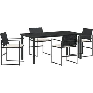vidaXL - 5 - Delige - Tuin - Eettafel - Set - Met - Kussens - Zwart - Poly - Rattan
