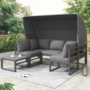 Sweiko Tuin lounge stoel set, ijzeren sun eiland sofa set, bank, kruk en tafel met luifel, 4-delige set, lounge meubels voor balkon en tuin, terrasmeubelen, weerbestendig, grijs, inclusief alle kussens