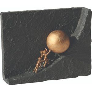 sculptuur iets samen bewegen - 3 mensen duwen bronzen bal - bronzen beeld - stenen sokkel - ECHT BRONS - handwerk