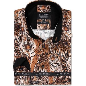Heren Overhemd - Slim Fit - Tiger Art Prints - Bruin - Maat S