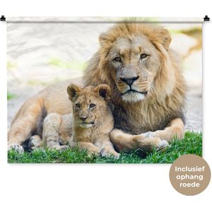 Wandkleed Leeuwen - Vader en leeuwenwelp Wandkleed katoen 120x90 cm - Wandtapijt met foto