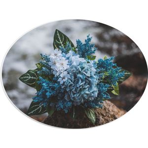 WallClassics - PVC Schuimplaat Ovaal - Foto van een Klein Boeket met Witte en Blauwe Bloemen - 40x30 cm Foto op Ovaal  (Met Ophangsysteem)
