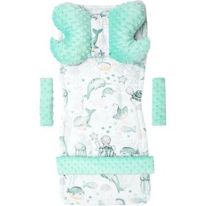 Universele stoelbekleding voor kinderwagen en buggy, zitkussen, kinderwagendeken, 5-delig, gordelkussen + speelboog, kinderwagenset