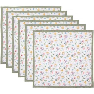 Servetten Katoen Set van 6 40x40 cm Wit Groen Vierkant Bloemen