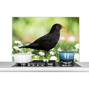 Spatscherm keuken 100x65 cm - Kookplaat achterwand Vogel - Merel - Bloemen - Muurbeschermer - Spatwand fornuis - Hoogwaardig aluminium