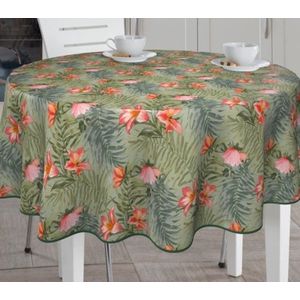 Bonita Tafelzeil - 160 cm Rond - 5Q6/09 - Tropische bloemen - Roze - Groen - PVC - Afwasbaar - Beschermrand - Extra sterk