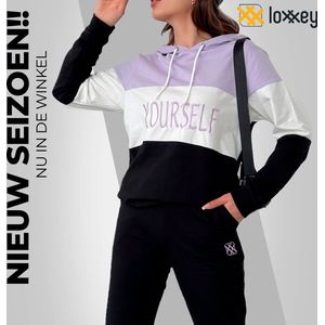 Loxxey® - Katoen - Yourself - Vrijetijdspak - Joggingpak - Huispak - Home Wear - Hoodie - Trainingspak - Tracksuit - 1 Set (2 Delig) - Dames - Maat M - Lila / Zwart