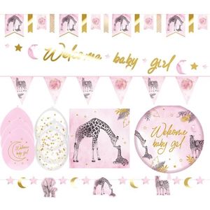 Feestpakket gender - baby - pink - roze babygirl SAFARI giraf - 7 delig.