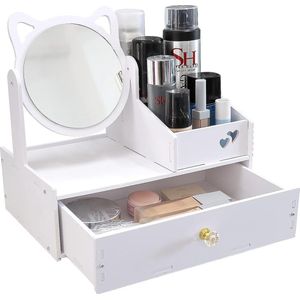 Cosmetic organizer, make-uptafelorganizer met spiegel, witte bureau-cosmetica-organizer, witte make-up-organizer met lade voor commode/slaapkamer/badkamer (ronde spiegel)