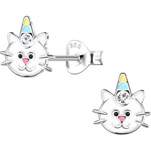 Joy|S - Zilveren kat poes oorbellen - met feestmutsje / hoorn en een roze neusje - 7 x 8 mm - kristal - caticorn - kinderoorbellen