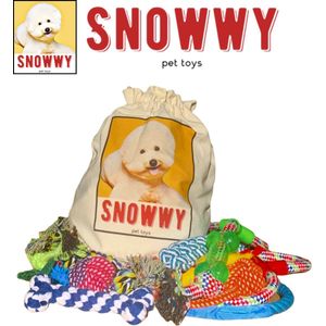 SNOWWY - 12-Delige Honden Speelgoed Set met luxe canvas opbergzak – Hondenspeeltjes - Honden Speelgoed - Ontwikkeling Hond – Honden Speeltjes voor Kleine en Middelgrote Honden – Puppy Speelgoed Inclusief Touw/Knuffel/Bal