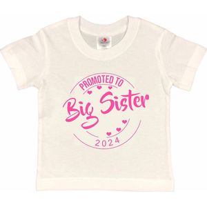 Shirt Aankondiging zwangerschap Promoted to Big Sister 2024 | korte mouw | wit/roze | maat 134/140 zwangerschap aankondiging bekendmaking Baby big sis sister Grote Zus