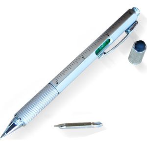 MikaMax 6 in 1 Multitool Pen - Handy Pen - Toolpen - Liniaal - Waterpas - Kruiskop en Plattekop Schroevendraaier - Zilver
