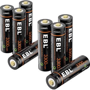 EBL 8-Pack Oplaadbare Batterijen AA - Rechargeable 3300 mWH AA Batterij met 4x 2in1 Oplaadkabel - Lithium Micro USB Batterijen