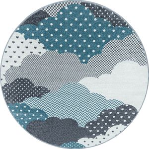 Pochon - Tapijt Bambi - Blauw - 160x160x1 - Vloerkleed - Wolken - Laagpolige Vloerkleed - Kortpolige Vloerkleed - Vloerkleed voor Kinderkamer - Speelkleed - Ronde Vloerkleed - Ronde Tapijt
