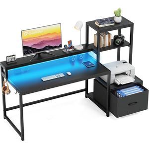 Gaming Bureau met Printer Plank en LED-verlichting - 150 cm Zwart Computerbureau