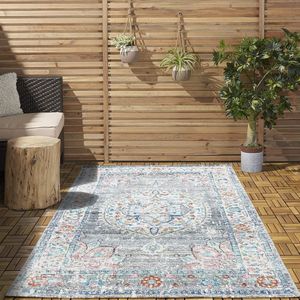 Flycarpets Sena Vintage Grijs / Multi Buitenkleed Vloerkleed - Buitentapijt - Campingkleed - Picknickkleed - Tuintapijt - 80x150 cm