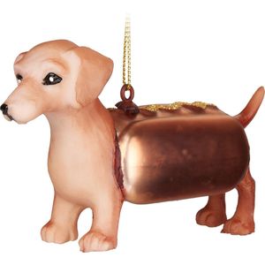 BRUBAKER Teckel als Hot Dog - Handbeschilderde Kerstbal van Glas - Handgeblazen Kerstboomversieringen Figuren Grappige Decoratieve Hangers Boombal - 10,8 cm